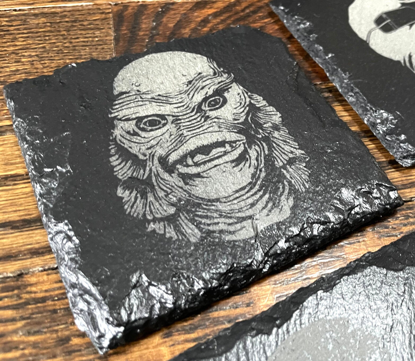 Classic Movie Monsters 2 Slate Coaster Set / Horror Movie Art / Wolfman / The Mummy / Creature From The Black Lagoon / Invisible Man /