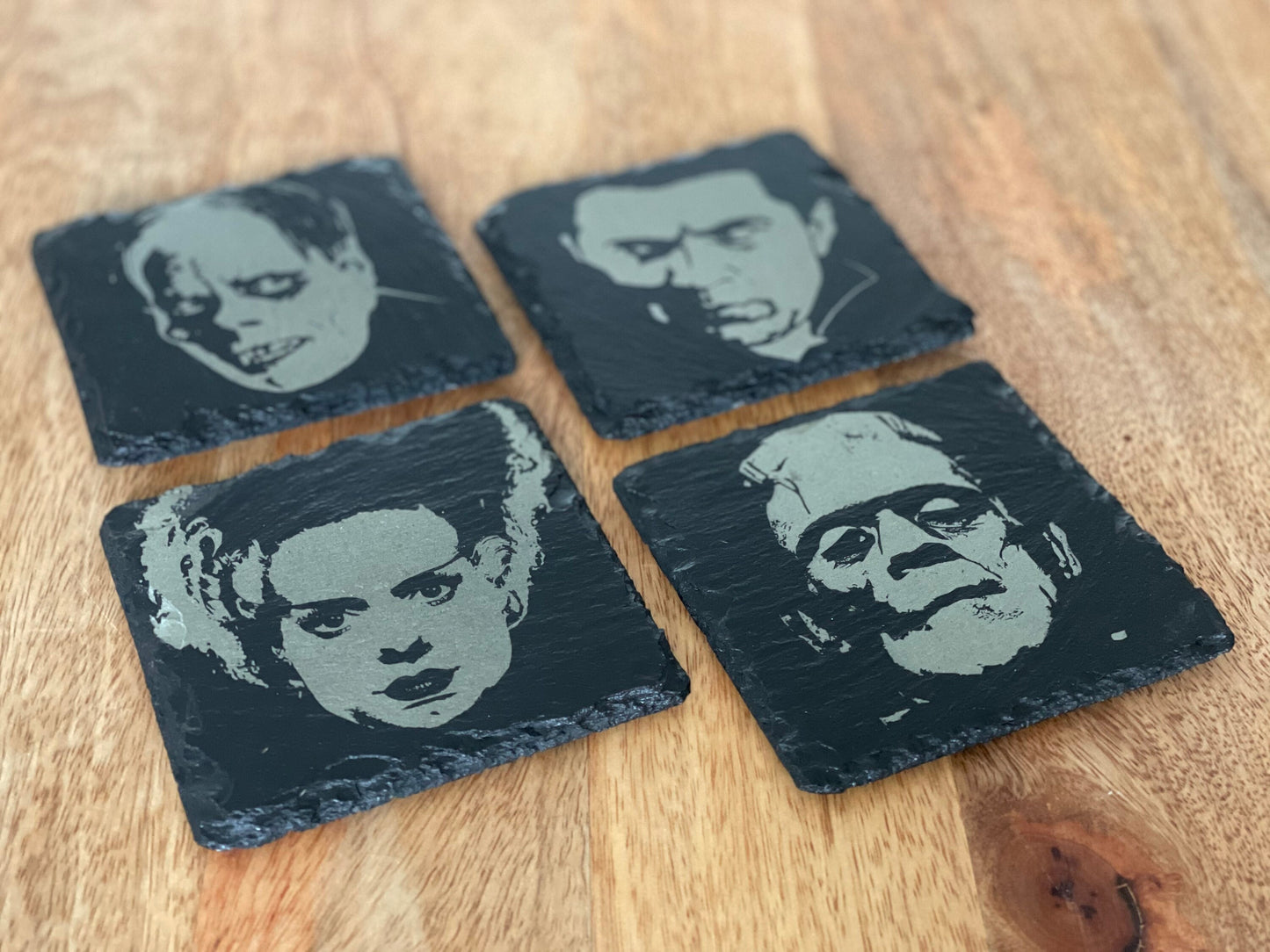 Classic Movie Monsters Slate Coaster Set / Horror Movie Art / Frankenstein / Dracula / Phantom of the Opera / Bride of Frankenstein
