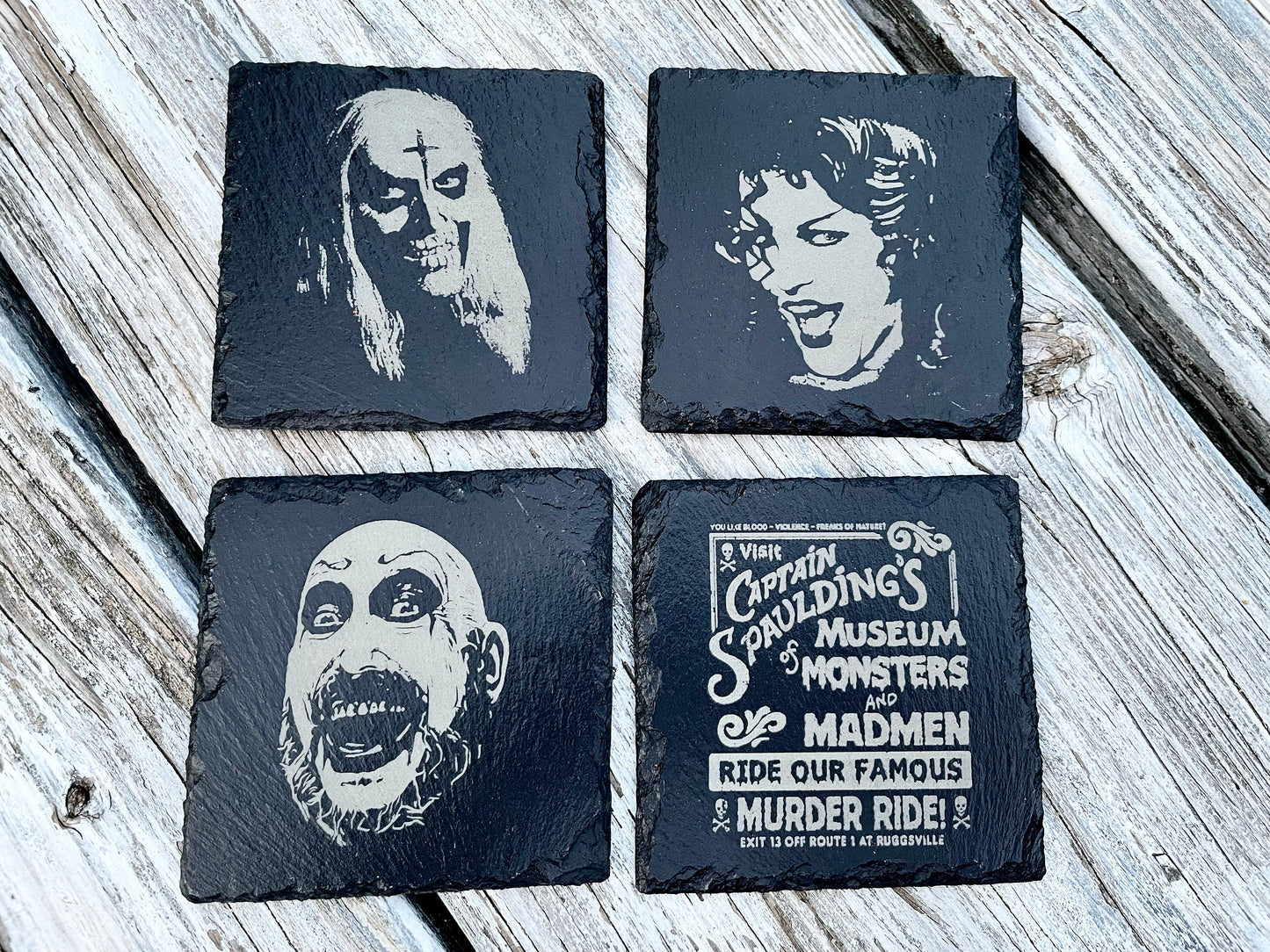 House of 1000 Corpses Slate Coaster Set / Horror Movie Art / Captain Spaulding / Baby Firefly / Otis Firefly / Rob Zombie / Devils Rejects