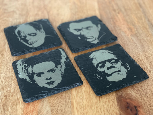 Classic Movie Monsters Slate Coaster Set  / Horror Movie Art / Frankenstein / Dracula / Phantom of the Opera / Bride of Frankenstein