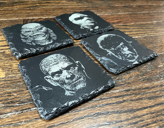 Classic Movie Monsters 2 Slate Coaster Set  / Horror Movie Art / Wolfman / The Mummy / Creature From The Black Lagoon / Invisible Man /