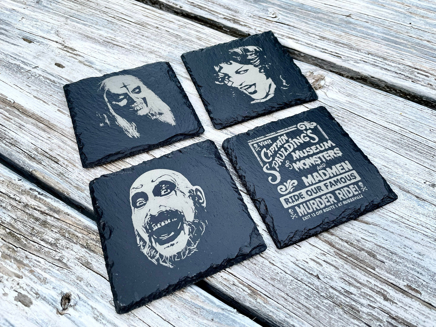 House of 1000 Corpses Slate Coaster Set  / Horror Movie Art / Captain Spaulding / Baby Firefly / Otis Firefly / Rob Zombie / Devils Rejects